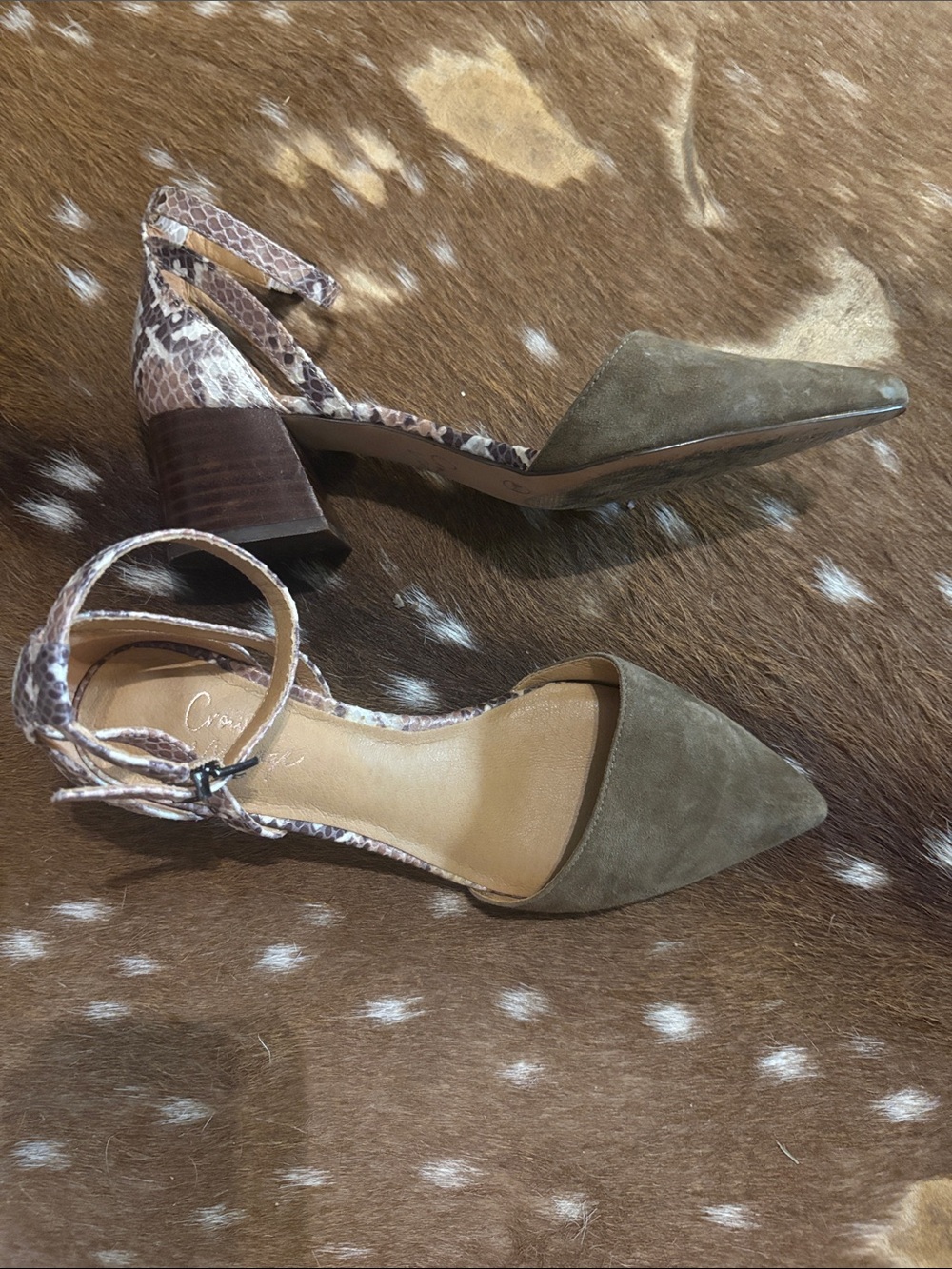 Crown Vintage Olive Suede Pointed-Toe Ankle-Strap Heels with Snake-Print Accent